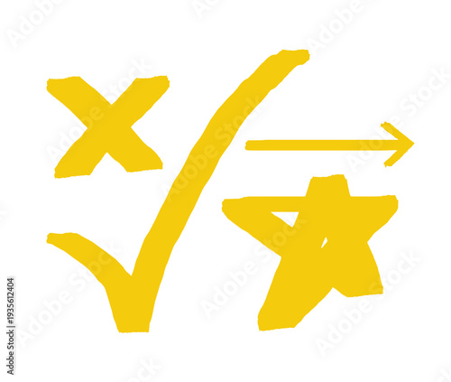 Yellow grunge hand drawn design elements set, dry brush strokes, x mark, check mark, star, arrow