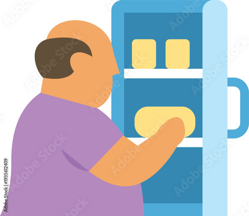 Overweight man opening a refrigerator and grabbing a snack, reflecting unhealthy eating habits