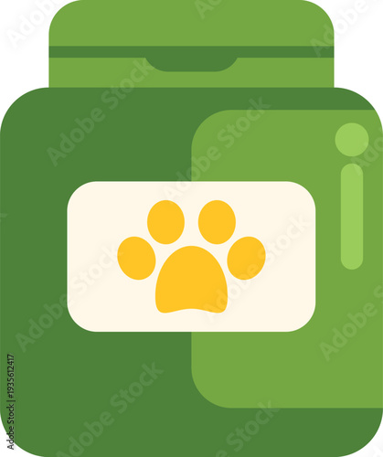 Green container holding pet food or supplements with a yellow paw print on the label