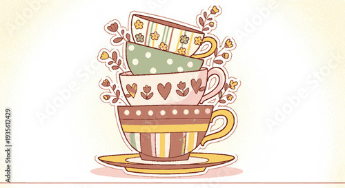 Stacked tea cups with hearts and polka dots on a saucer with floating hearts