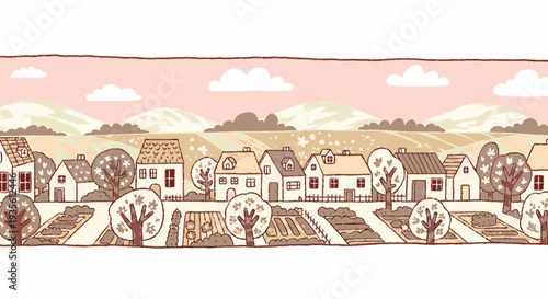 Serene village landscape with houses gardens and mountains in soft pink and brown hues peaceful atmosphere gentle clouds and lush trees