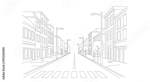 Line art perspective of urban street with buildings and trees