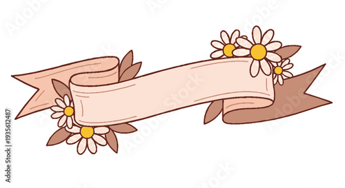 Pink ribbon banner with daisies and leaves on a white background elegant design for greeting cards and invitations