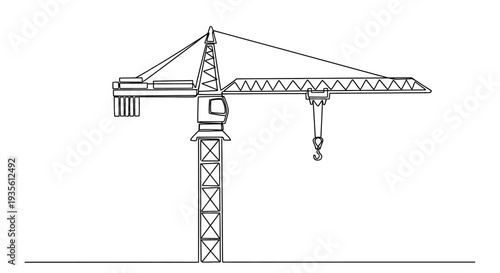 Line art illustration of a construction tower crane with hook