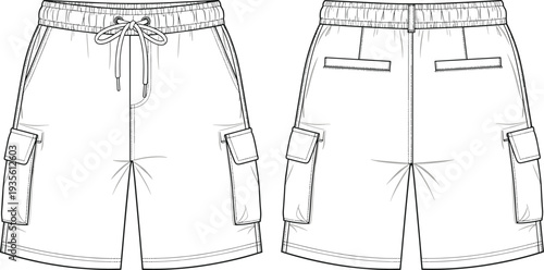 White cargo shorts technical fashion sketch with drawstring waist, multi pocket bermuda cad drawing flat vector illustration, casual clothing template