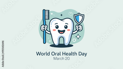 A cartoon tooth character holding a toothbrush and shield on World Oral Health Day March 20 illustration