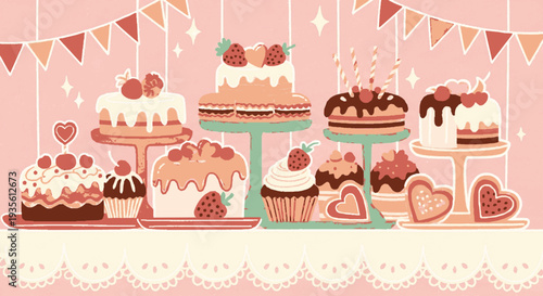 Assortment of sweet desserts including cakes cupcakes and heart shaped cookies on decorative stands against a pink background with festive