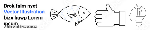 Education, communication, creative thinking, positivity, aquatic life, self-improvement. Fish diagram, thumbs-up hand head outline with arrows. Creativity and positivity concepts illustration
