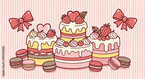 Delicious layered cakes with strawberries and macarons on pink striped background with bows and desserts