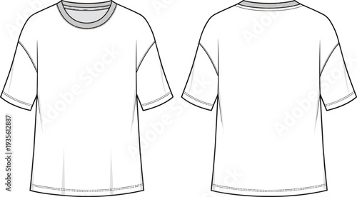 White oversized tshirt technical fashion sketch, short sleeve unisex tee cad drawing flat vector illustration, casual basic clothing design template