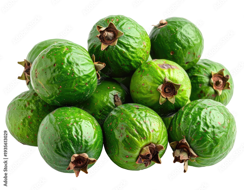 Naklejka premium Pile of ripe, green, oval-shaped fruits with tiny red specks