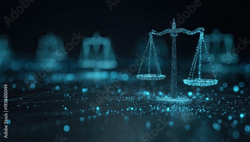 Digital scales of justice glow against a dark, bokeh background