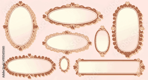Collection of ornate gold frames in various shapes and sizes on soft pink background elegant decoration for home or office