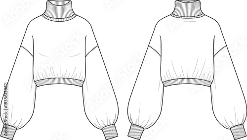 White turtleneck cropped sweater technical fashion sketch, balloon sleeve pullover cad drawing flat vector illustration, knitwear clothing template for design