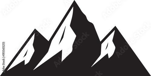 Black silhouette of a mountain range with snow-capped peaks isolated on transparent background