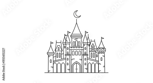 Minimalist fantasy castle icon with crescent moon