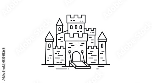 Minimalist line art castle icon with turrets and drawbridge