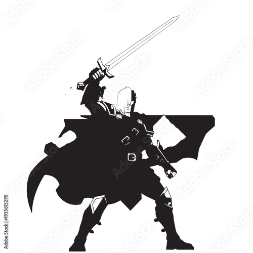 Silhouetted armored knight raising a sword in a dramatic battle stance, heroic medieval figure.