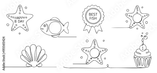 Underwater birthday party with sea animals line art