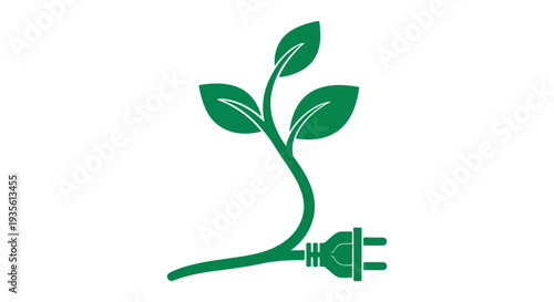 Green plug with leaves growing out of it on a white background, symbolizing eco-friendly energy.
