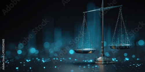 Digital balance scales with glowing data streams and bokeh lights