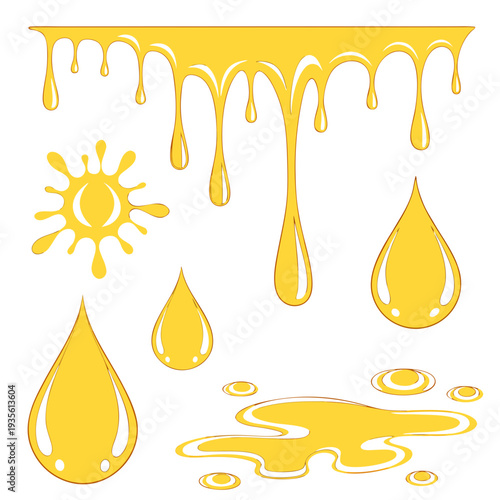 yellow liquid droplets and splashes. At the top, a dripping line forms elongated drops, while below are individual shapes: a large teardrop, smaller droplets, a sunburst-like splatter.