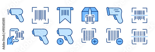 Barcode icons set. Scanning, scanner sign. Scan reader symbol. Blue solid icon collection. Flat vector design. Editable stroke. For apps, website, business, infographic, etc.