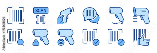 Barcode icons set. Scanning, scanner sign. Scan reader symbol. Blue solid icon collection. Flat vector design. Editable stroke. For apps, website, business, infographic, etc.