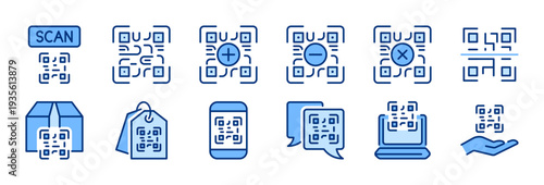 QR-code icons set. Scan, scanning sign. Identifier symbol. Blue solid icon collection. Flat vector design. Editable stroke. For apps, website, business, infographic, etc.