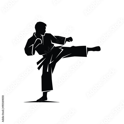 Karate Fighter Performing Side Kick in Traditional Kimono Dynamic Silhouette Line Art Vector illustration