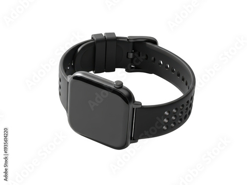Smartwatch with black strap and rectangular face isolated on transparent background