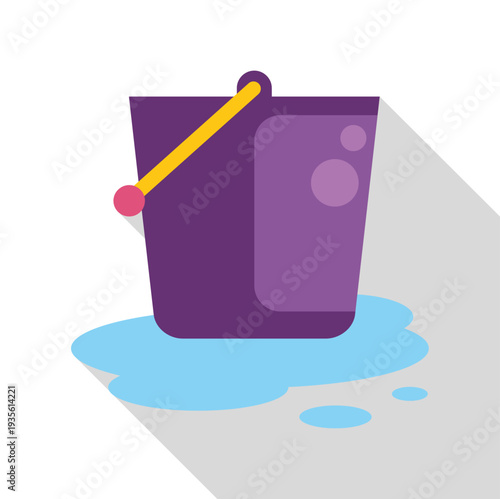 Purple bucket filled with water spilling on the floor, illustrating a cleaning theme