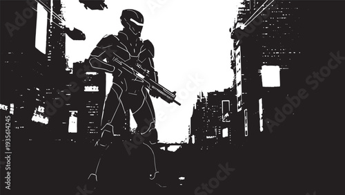 Silhouetted soldiers move through a war-torn urban street in a stark scene of conflict and danger.