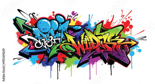 Colorful Urban Graffiti Mural with Energetic Lettering and Dripping Paint.