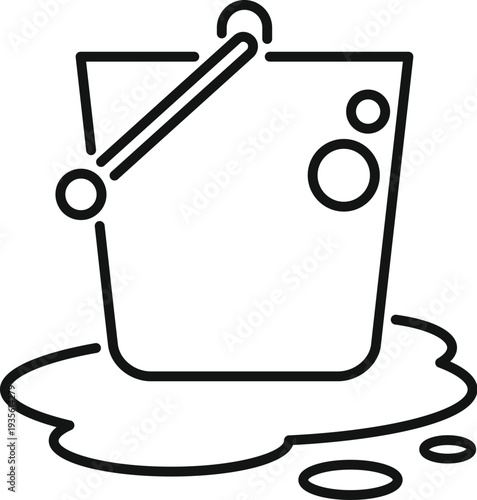 Bucket with water spilling on the floor, featuring cleaning bubbles