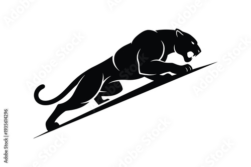 Powerful Black Panther Predator Stalking and Climbing Wildcat Silhouette Line Art Vector illustration