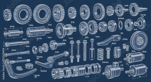 Detailed Mechanical Engineering Blueprint of Various Components.