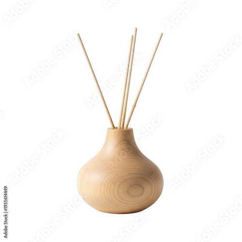 Wooden reed diffuser vase with sticks isolated on transparent background