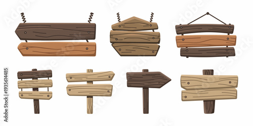 Wooden Plank Signboard Vector Set, Rustic Timber Board Empty Text Space Illustration