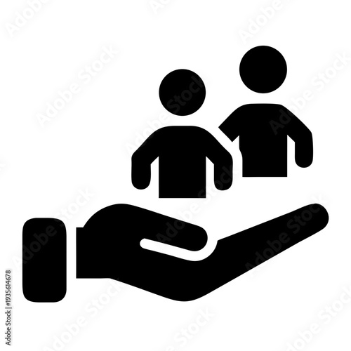 A hand supporting two small human figures symbolizing assistance or protection.