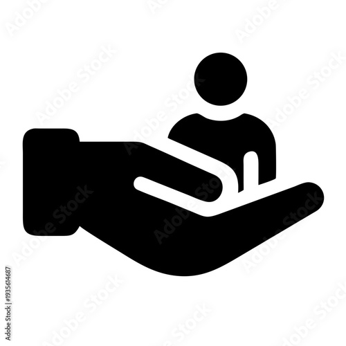 A hand supporting a small figure symbolizing assistance or protection.