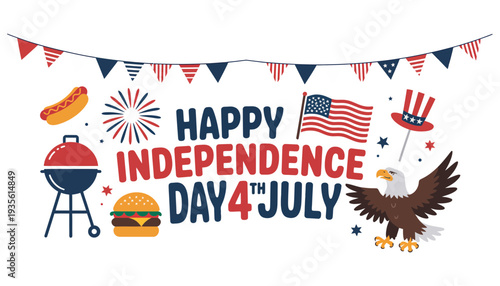 Independence Day 4th July celebration with patriotic American icons and symbols