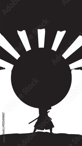 Silhouette of a person and a dog walking beneath a large sunburst in stark black and white.