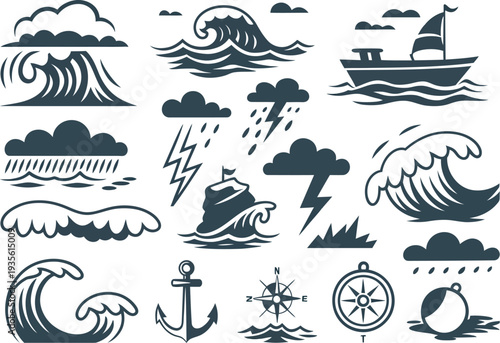 Ocean wave vector icons set with nautical symbols and stormy weather