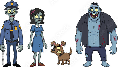 Cartoon zombies and zombie dog characters, police officer, female, muscular monster, humorous undead illustration for Halloween, comics, video games, and entertainment design concepts