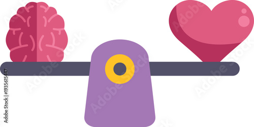 Brain and heart symbols balancing on a seesaw representing logic versus emotion