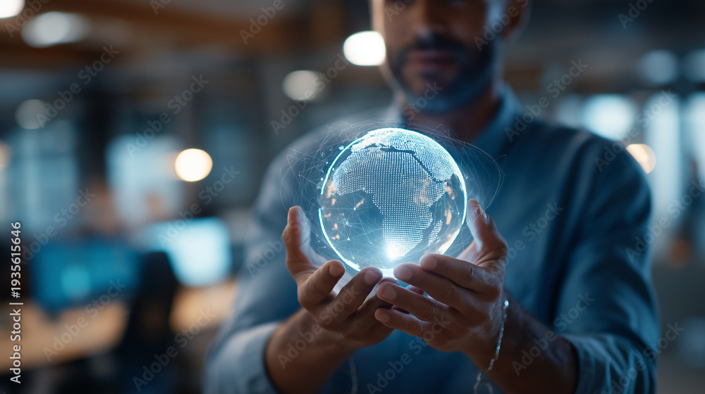 Fototapeta premium Faceless businessman from behind in a smart casual shirt hands cupped to hold a luminous digital globe the globe projecting soft blue light upward onto his chest and arms a fain