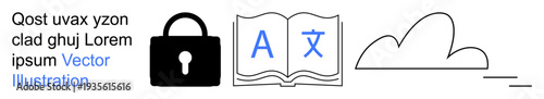 Data protection, translation services, education, cloud storage, online learning, communication. A lock, an open book with letters and a cloud icon. Data protection and translation services concept