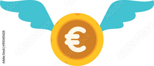 Euro currency coin with blue wings symbolizing money flying away or financial loss