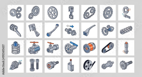 Collection of mechanical engineering parts and components.